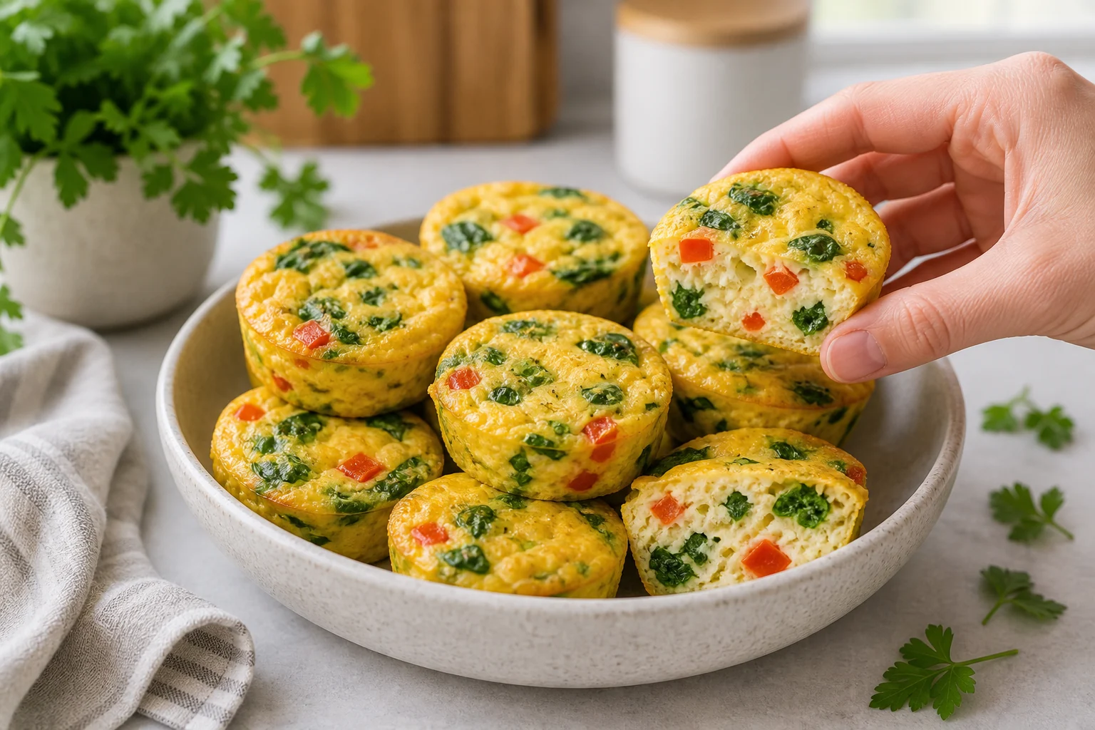 Fluffy cottage cheese egg bites with spinach and bell pepper in a bowl