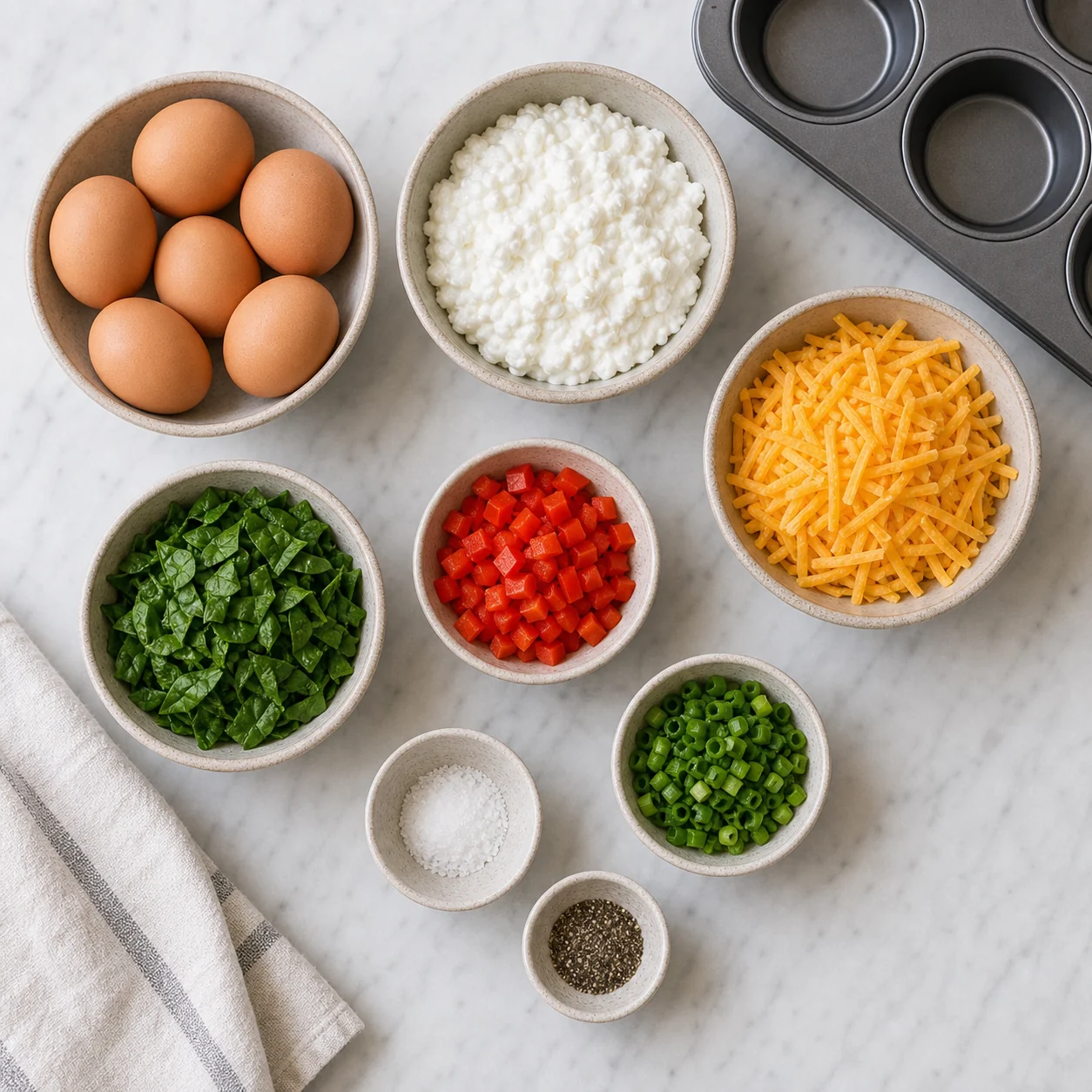 Eggs, cottage cheese, cheddar, spinach, bell pepper, green onion, salt, pepper, and muffin tin
