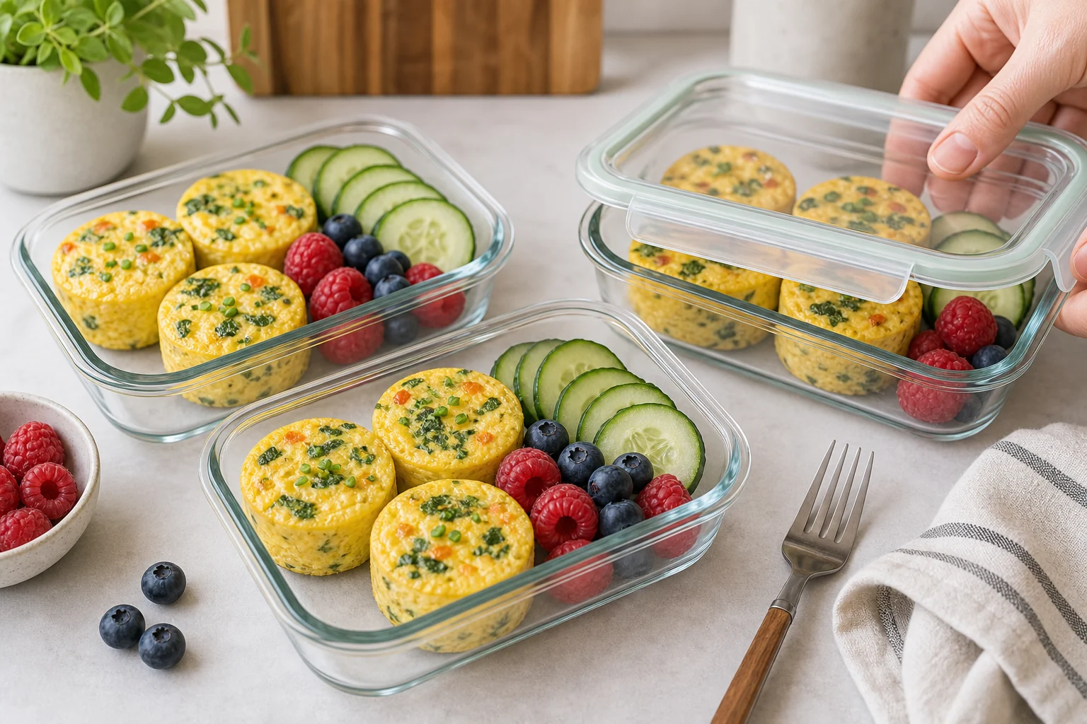 Cottage cheese egg bites packed in glass meal prep containers with berries and cucumber
