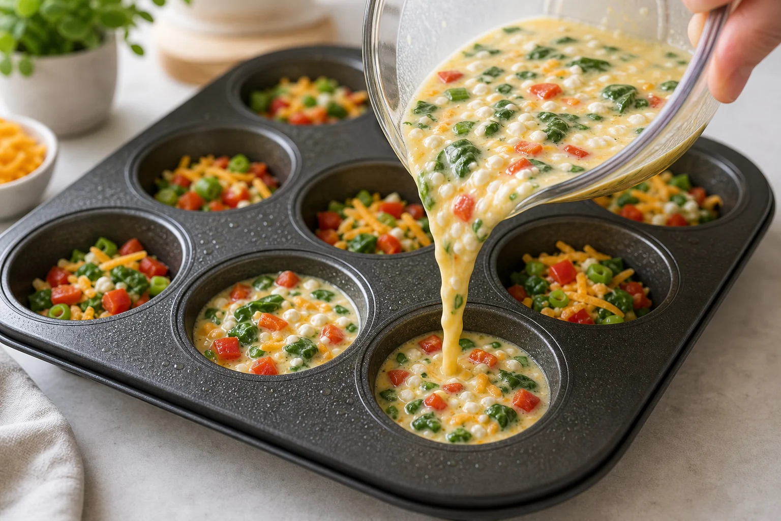 Egg and cottage cheese mixture poured into a muffin tin with vegetables and cheddar