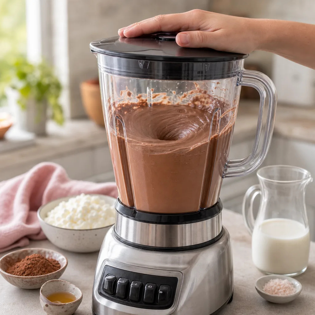 Chocolate cottage cheese mousse becoming smooth in a blender
