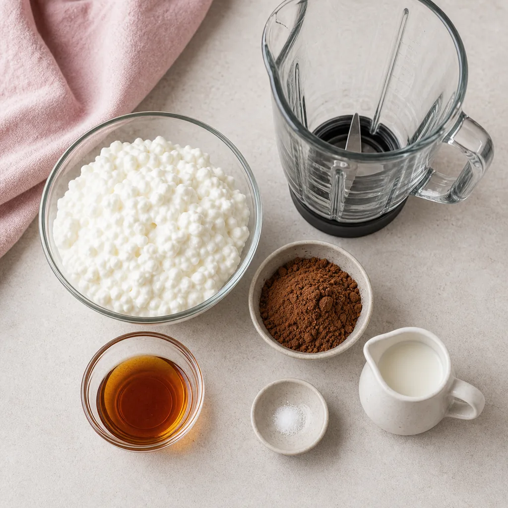 Cottage cheese, cocoa, maple syrup, milk and salt for chocolate mousse