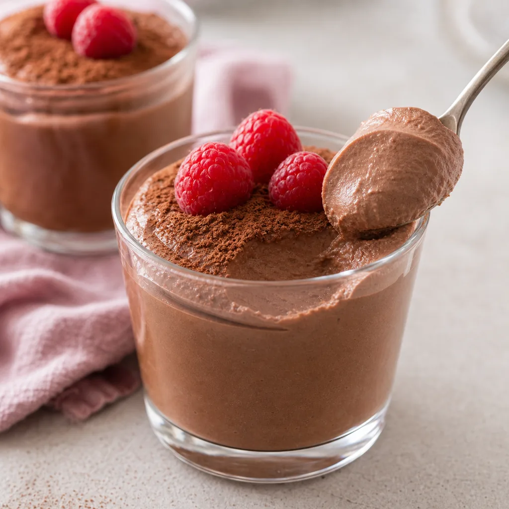 Spoon lifting smooth cottage cheese chocolate mousse