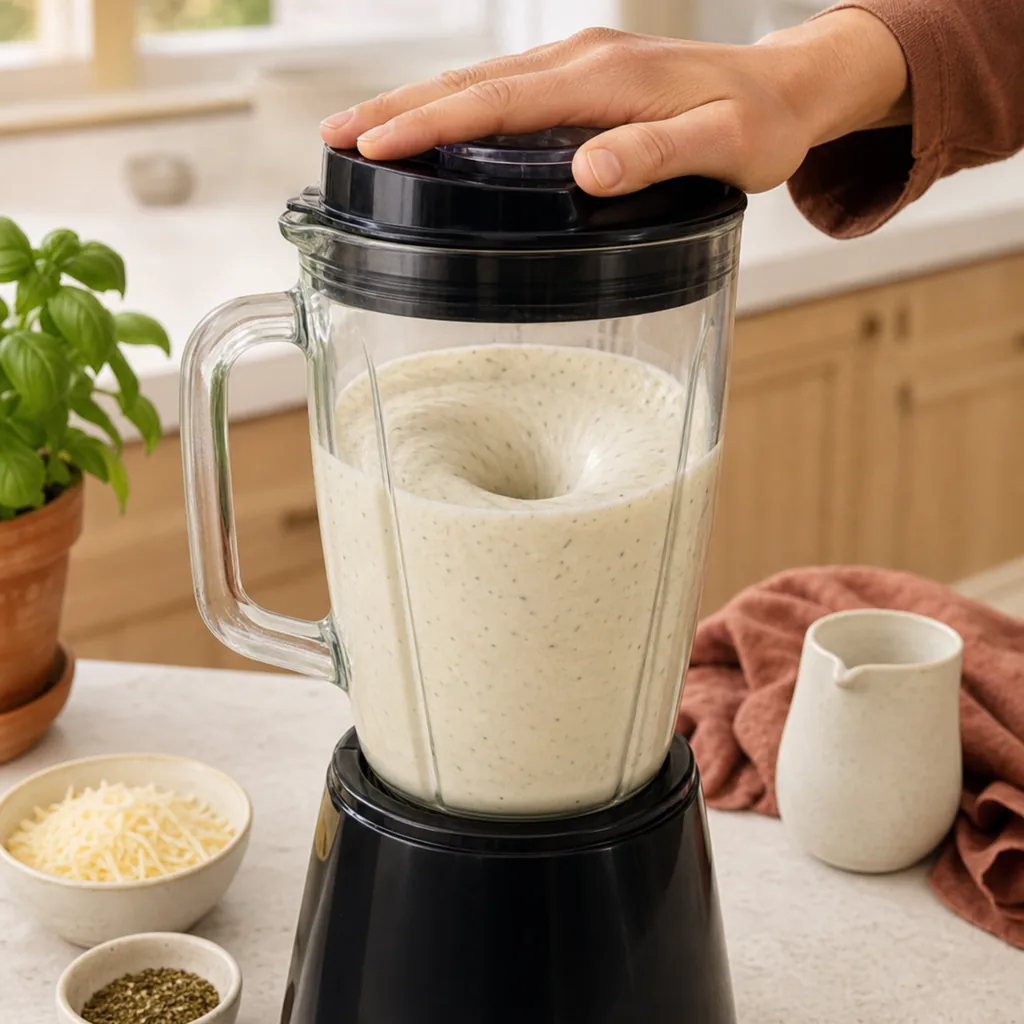 Cottage cheese Parmesan pasta sauce blending until completely smooth
