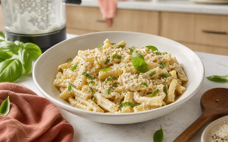 Creamy pasta coated in blended cottage cheese Parmesan sauce