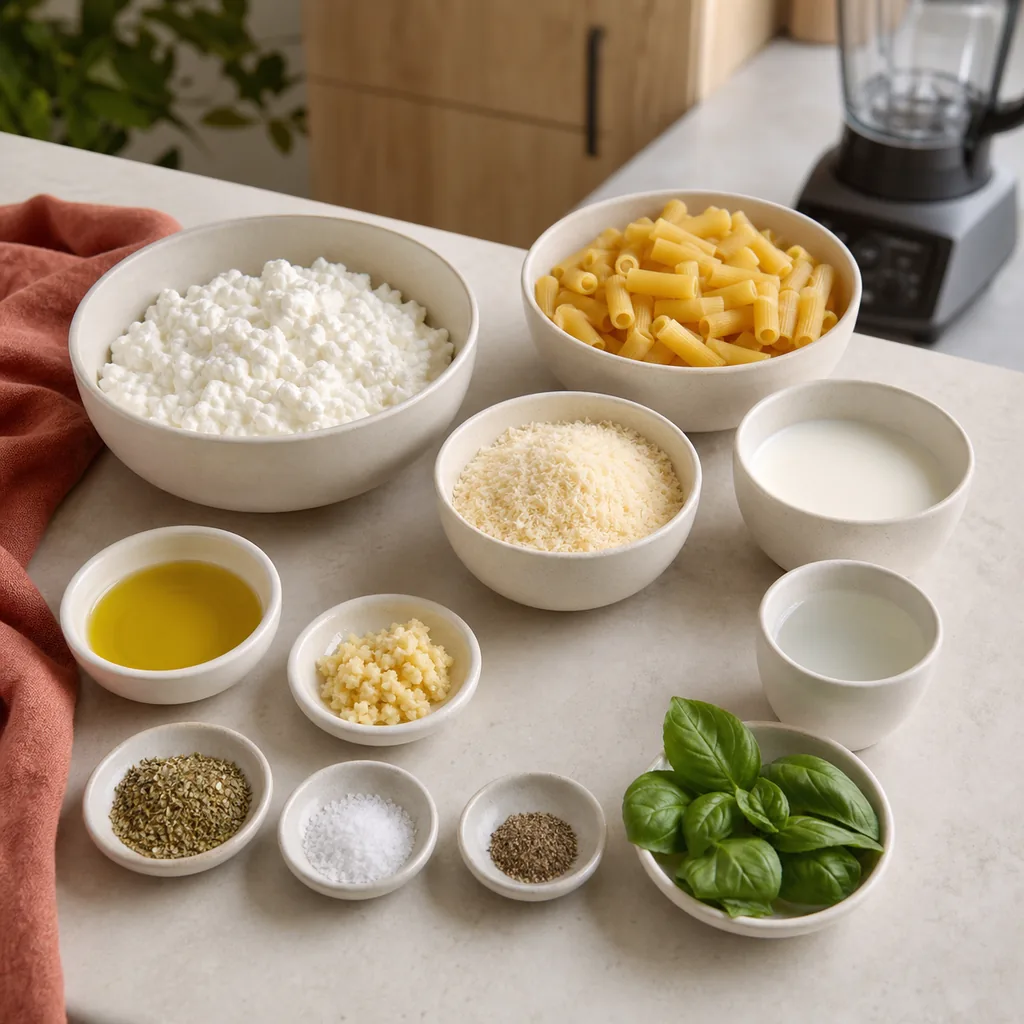 Cottage cheese, Parmesan, milk, garlic, seasonings, pasta and basil