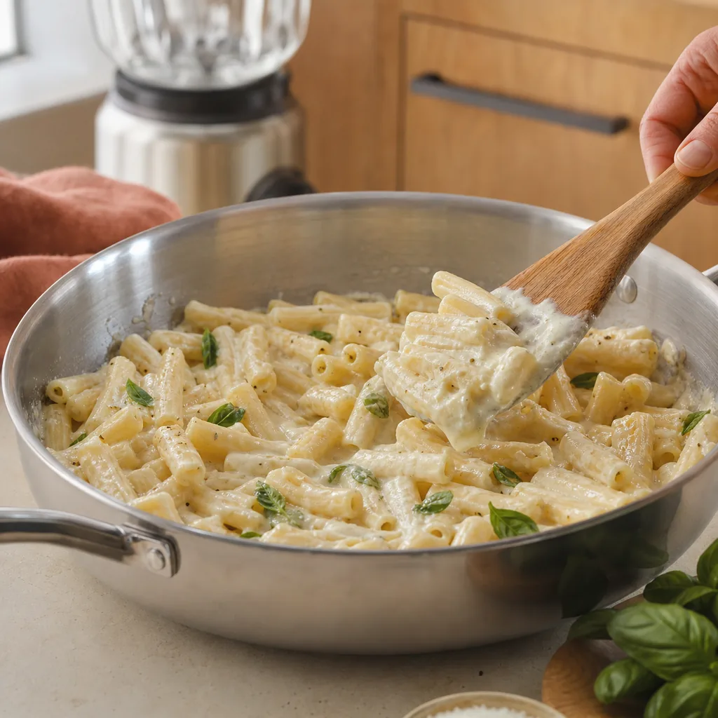 Smooth cottage cheese pasta sauce being folded through hot short pasta
