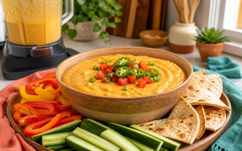 Warm creamy cottage cheese queso dip with vegetables
