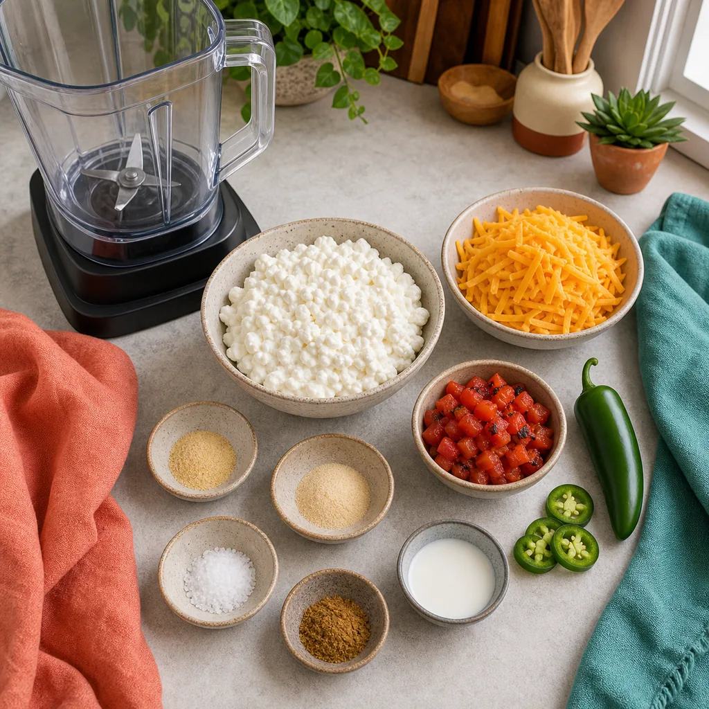Cottage cheese, cheddar, tomatoes, jalapeno, milk and spices for queso
