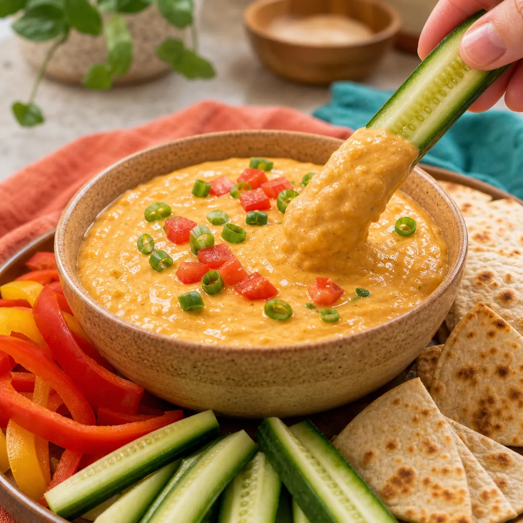 Cucumber spear lifting warm cottage cheese queso dip