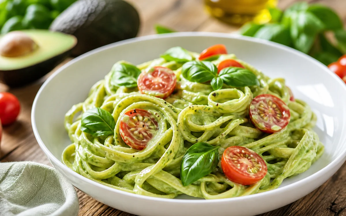 Creamy avocado pasta with vibrant green sauce cherry tomatoes and fresh basil in a white bowl