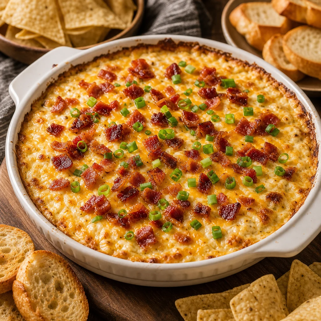 Baked creamy bacon cheese dip bubbling in a ceramic dish with crisp bacon, green onions, chips, and toasted bread