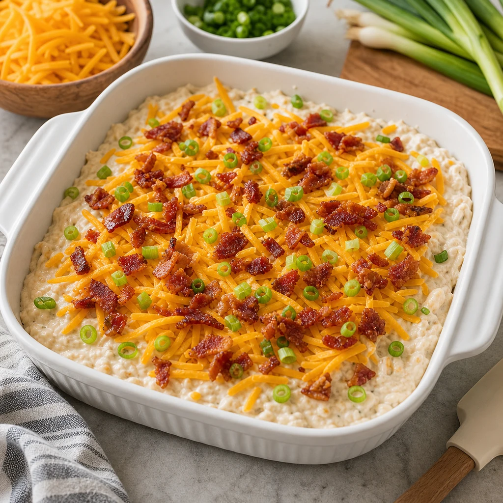 Unbaked creamy bacon cheese dip in a white baking dish topped with cheddar, bacon, and green onions