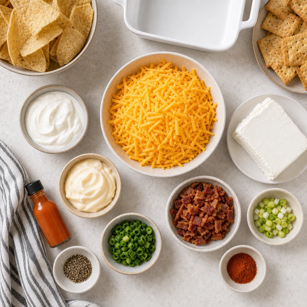 Ingredients for creamy bacon cheese dip with cream cheese, cheddar, sour cream, mayonnaise, bacon, green onions, smoked paprika, chips, and baking dish