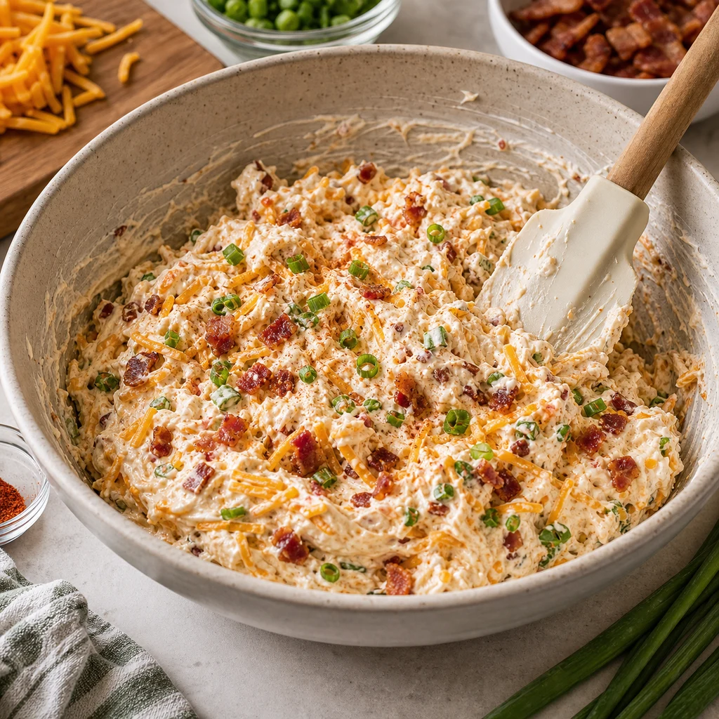 Creamy bacon cheese dip mixture in a bowl with cheddar, bacon, green onions, and seasonings folded together