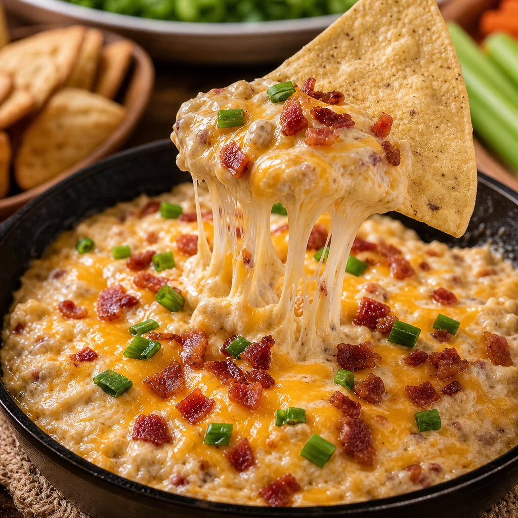 Tortilla chip scooping creamy bacon cheese dip with melted cheese, bacon bits, and green onions
