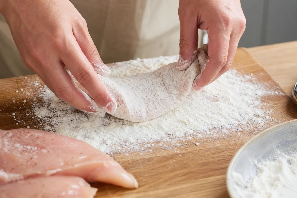 Chicken breast dredged in seasoned flour for lemon chicken piccata