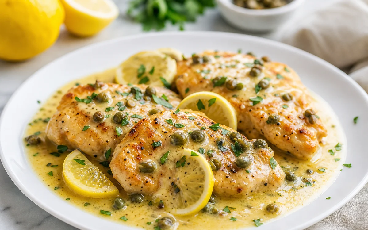Creamy lemon chicken piccata with golden seared chicken in a bright lemon cream sauce with capers and parsley