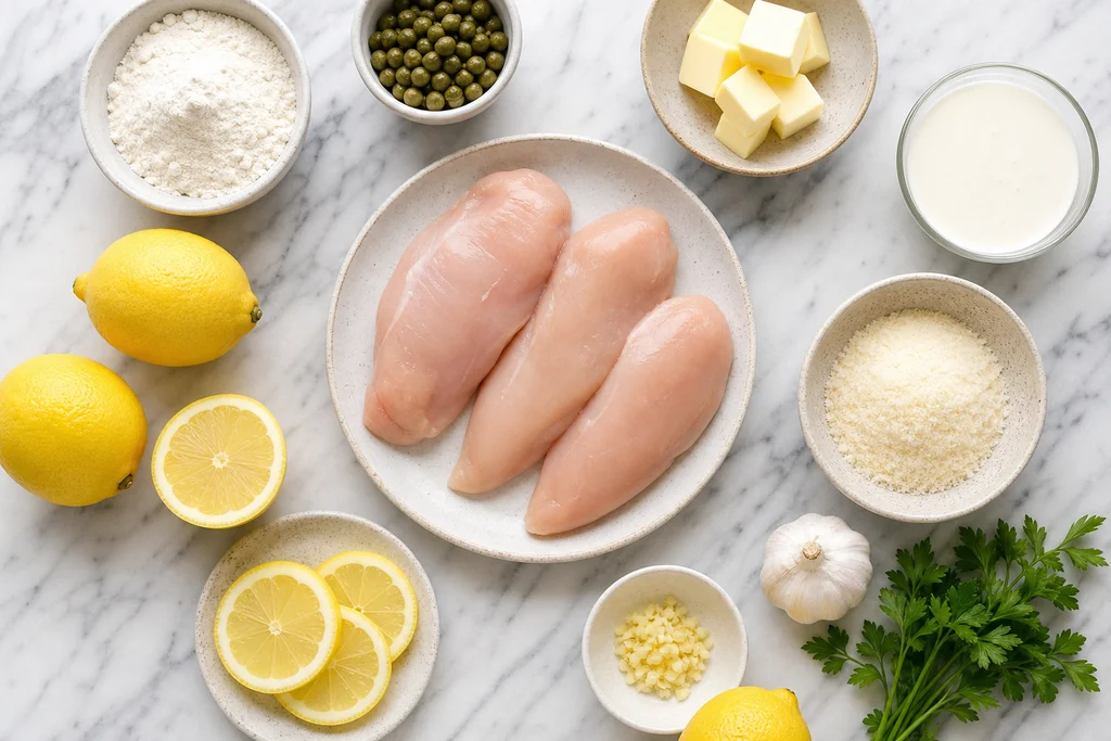Ingredients for creamy lemon chicken piccata including chicken breasts, lemons, capers, garlic, butter, cream and parmesan