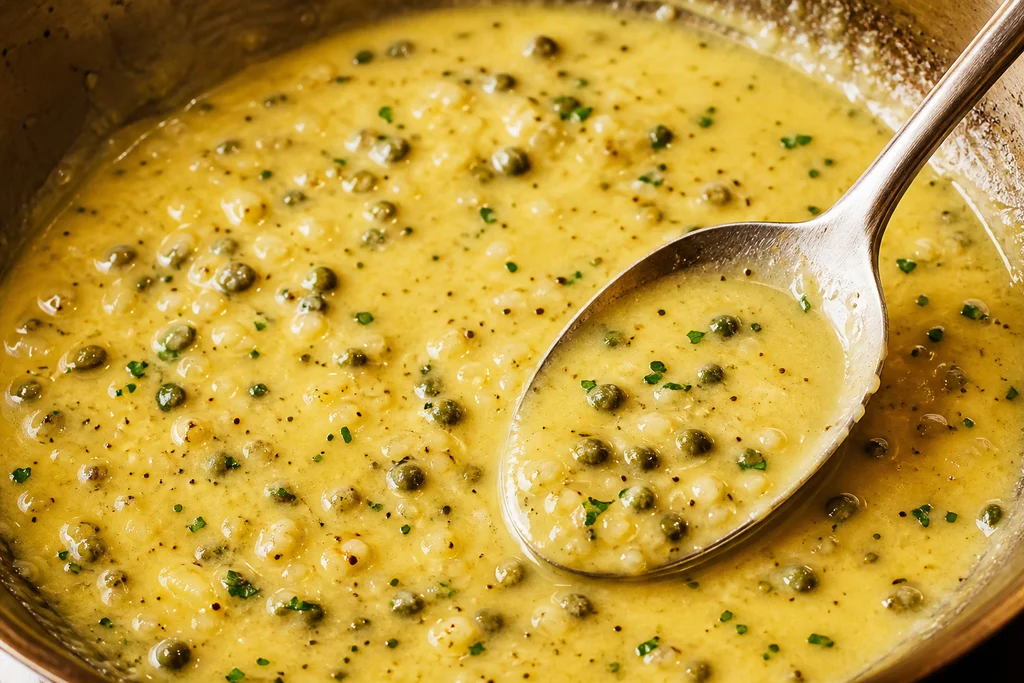 Creamy lemon piccata sauce with capers garlic and parmesan simmering in a pan