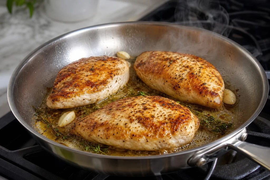Golden seared chicken breasts in a skillet for creamy lemon chicken piccata