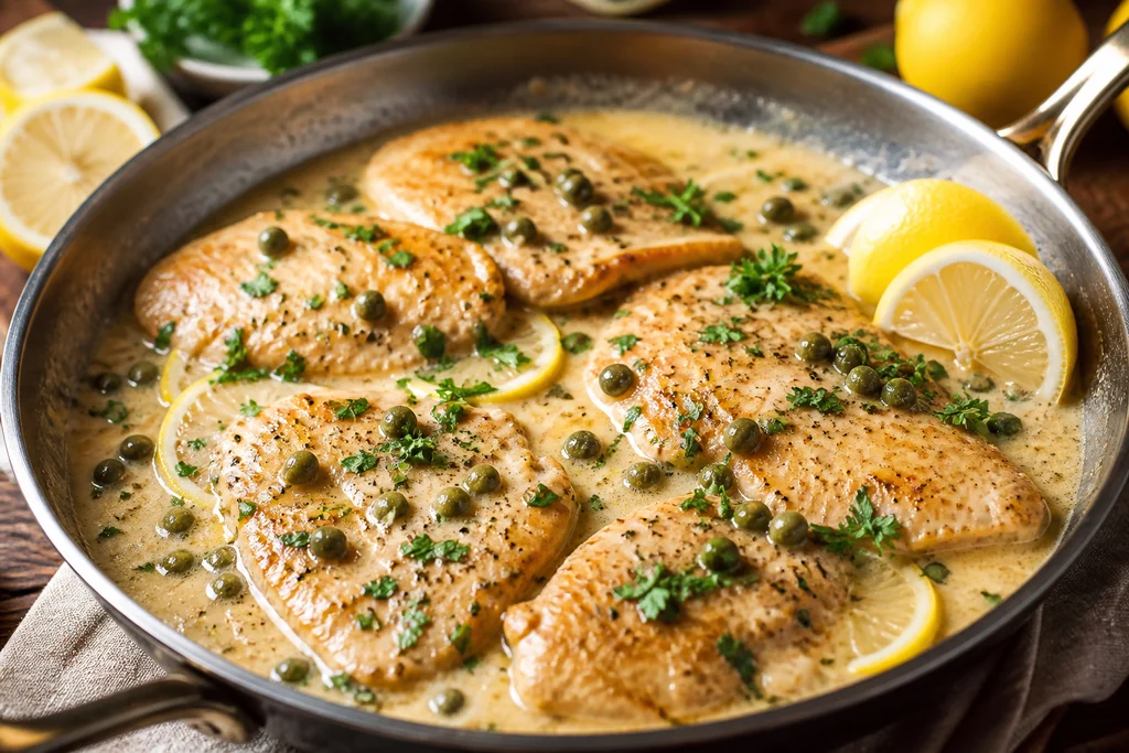 Finished creamy lemon chicken piccata garnished with parsley and lemon