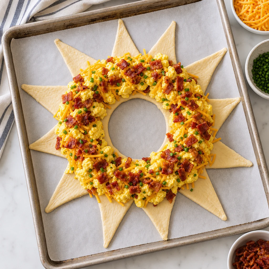 Scrambled eggs, cheddar cheese, cooked bacon, and chives arranged around crescent dough ring before folding