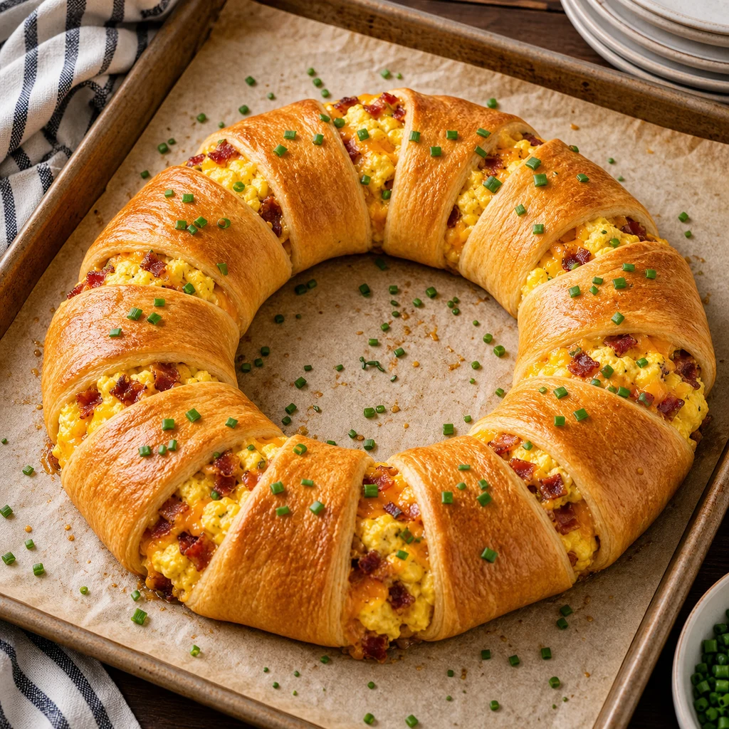 Fully baked Crescent Roll Breakfast Ring on parchment with golden flaky dough, chives, and visible egg bacon cheese filling