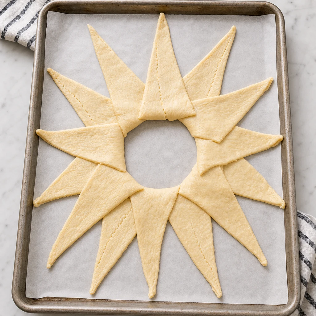 Crescent roll dough triangles arranged in a star pattern on parchment with wide ends overlapping and points facing outward