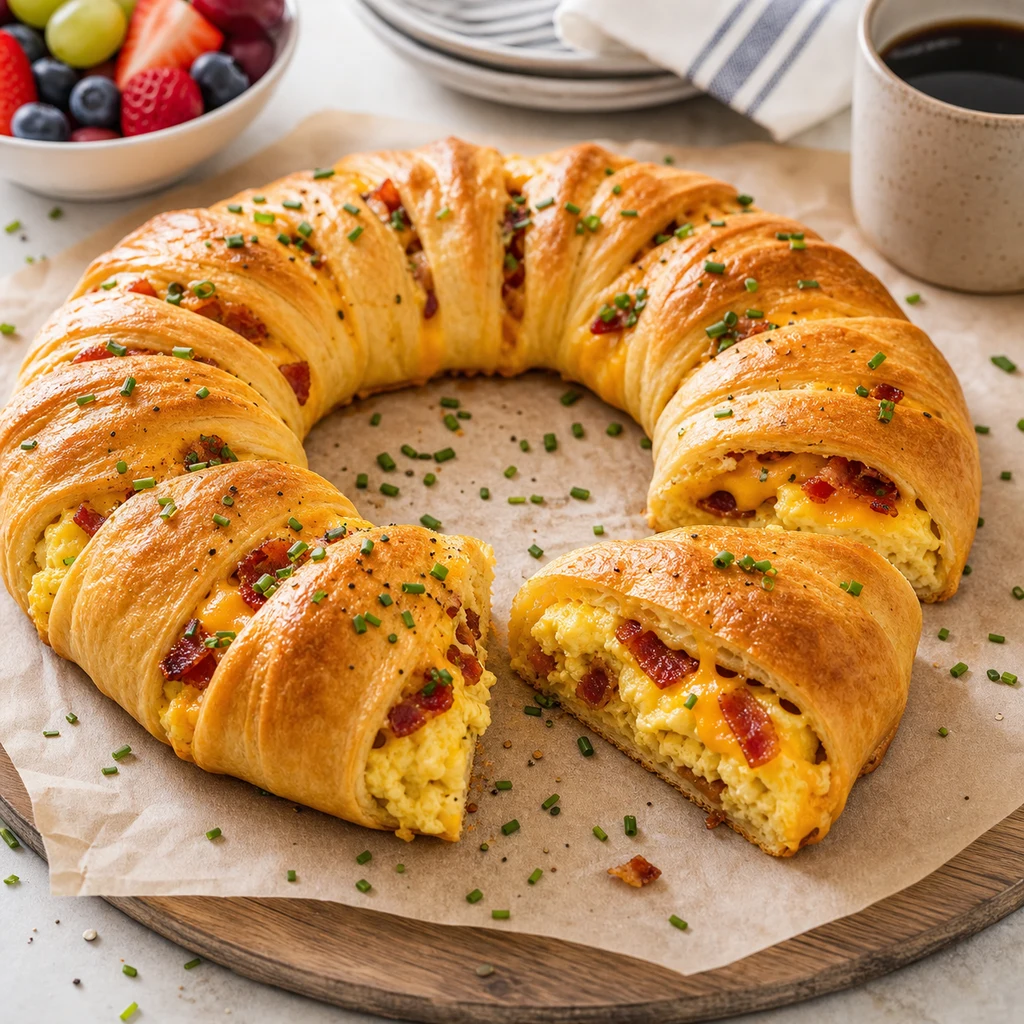 Crescent Roll Breakfast Ring with golden crescent dough, scrambled eggs, cheddar cheese, bacon, chives, and one sliced wedge showing the filling