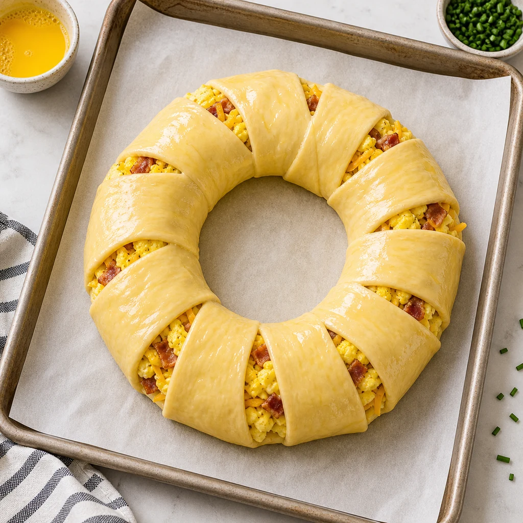 Unbaked crescent roll breakfast ring folded over the egg bacon cheese filling and brushed with egg wash