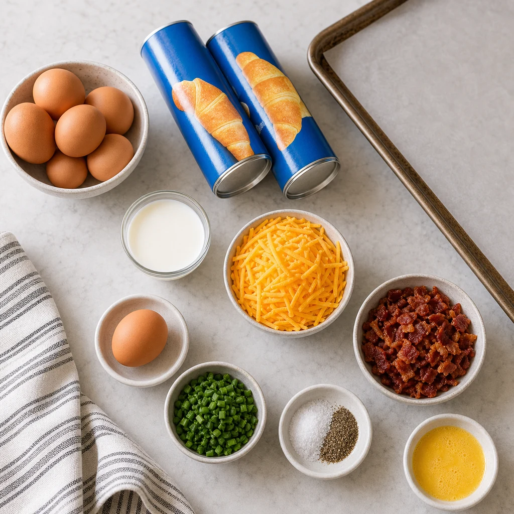 Ingredients for Crescent Roll Breakfast Ring including crescent roll dough, eggs, milk, cheddar cheese, cooked bacon, chives, salt, pepper, and egg wash