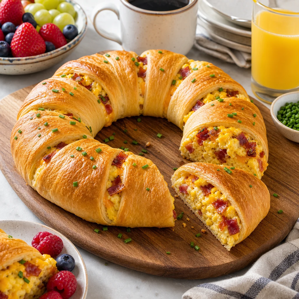 Crescent Roll Breakfast Ring served on a breakfast board with one wedge sliced out showing scrambled egg, cheddar, bacon, and chive filling