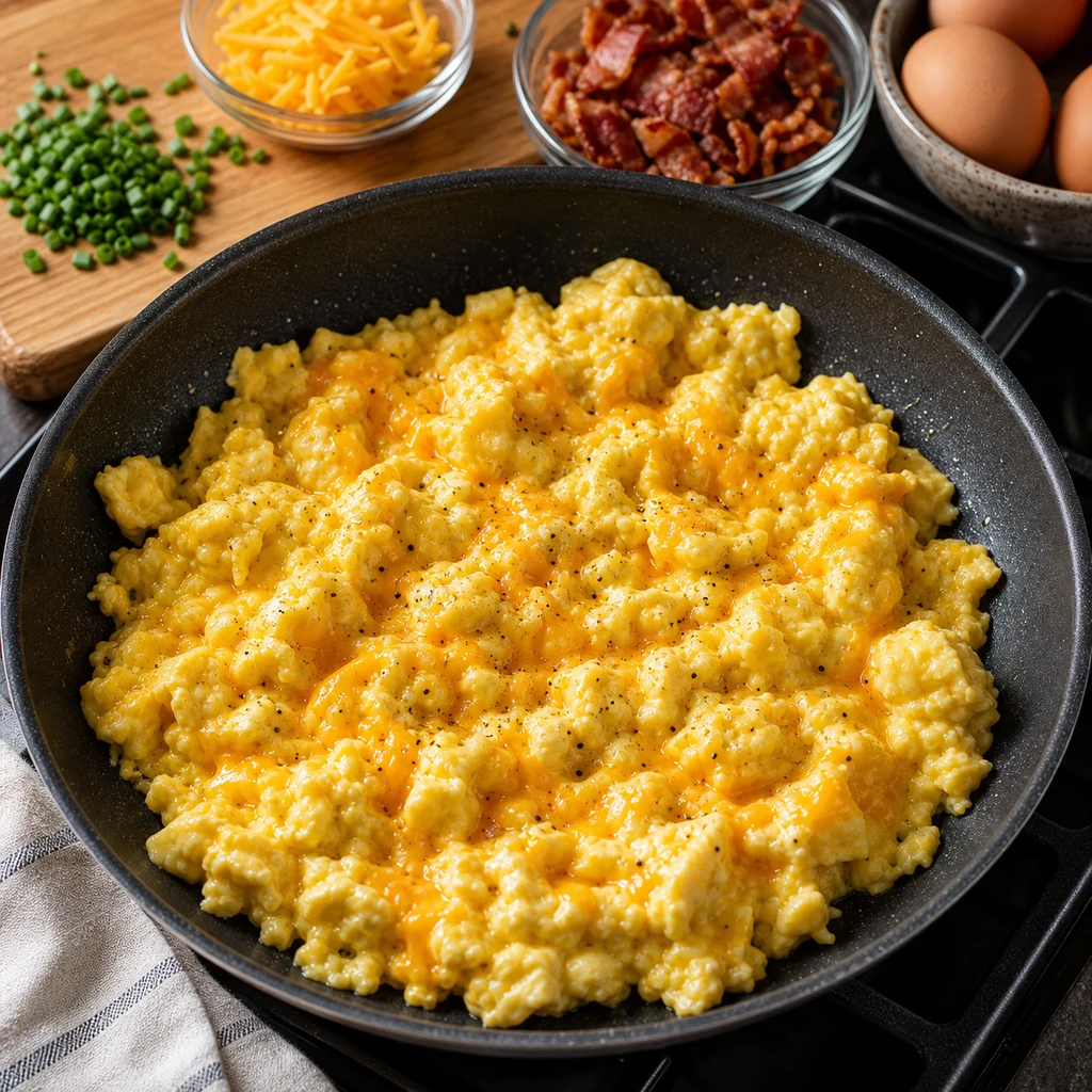 Soft scrambled eggs in a skillet with cheddar, cooked bacon, chives, and eggs nearby for breakfast ring filling