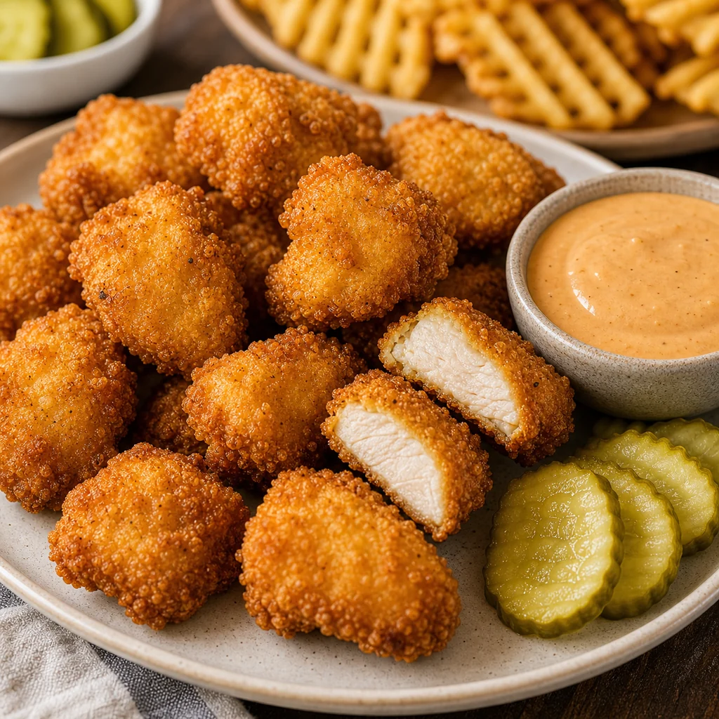Crispy copycat chicken nuggets with dipping sauce and pickle slices