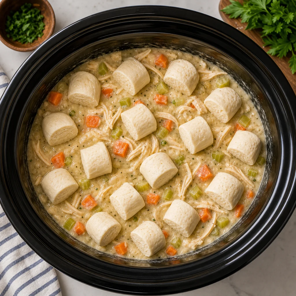 Small biscuit dough dumpling pieces placed on top of creamy shredded chicken mixture in a slow cooker