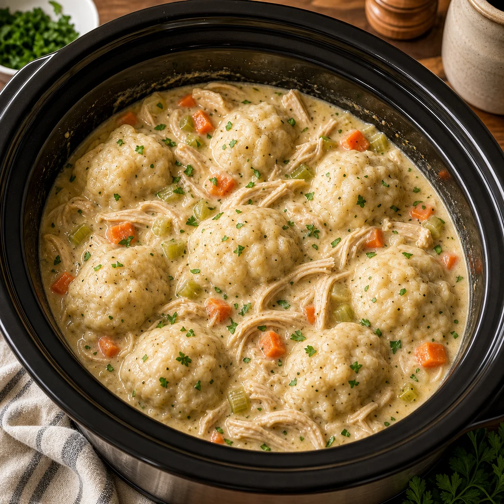 Finished Crockpot Chicken Dumplings in a slow cooker with fluffy dumplings, shredded chicken, carrots, celery, parsley, and creamy broth