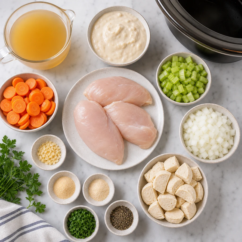 Ingredients for Crockpot Chicken Dumplings including chicken breasts, broth, creamy soup base, carrots, celery, onion, seasonings, parsley, and biscuit dough pieces