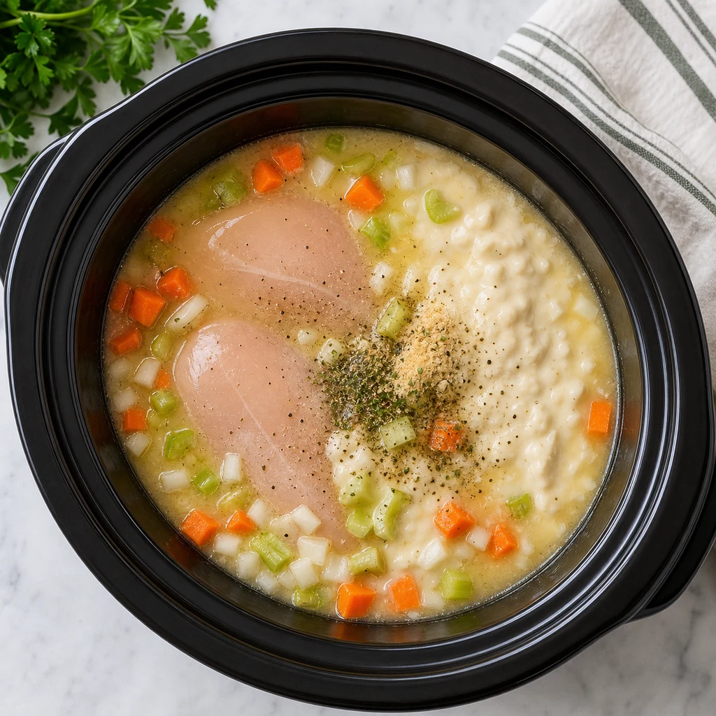 Chicken breasts, carrots, celery, onion, creamy base, broth, and seasonings added to a slow cooker before cooking