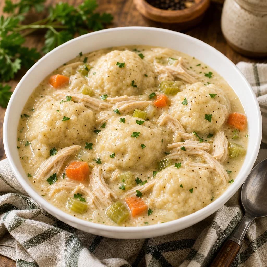 Served bowl of Crockpot Chicken Dumplings with fluffy dumplings, shredded chicken, carrots, celery, parsley, black pepper, and creamy broth