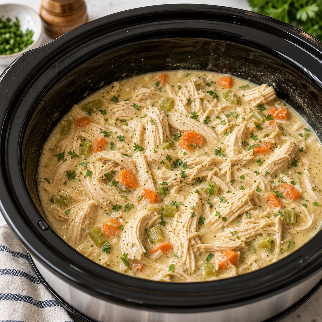 Cooked shredded chicken in a slow cooker with creamy broth, carrots, celery, onion, and parsley
