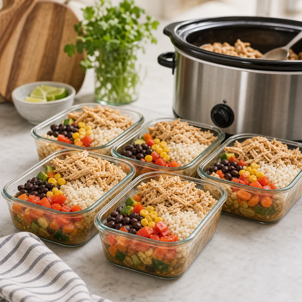 Cooked crockpot shredded chicken with rice, vegetables, beans, and sauce packed into meal prep containers