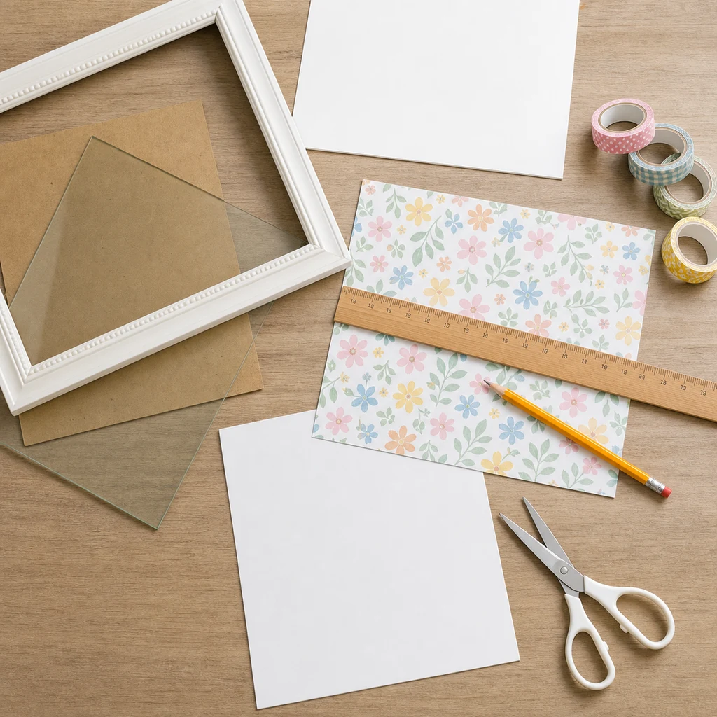 Open picture frame with cut white background paper placed inside before securing the backing for a DIY whiteboard