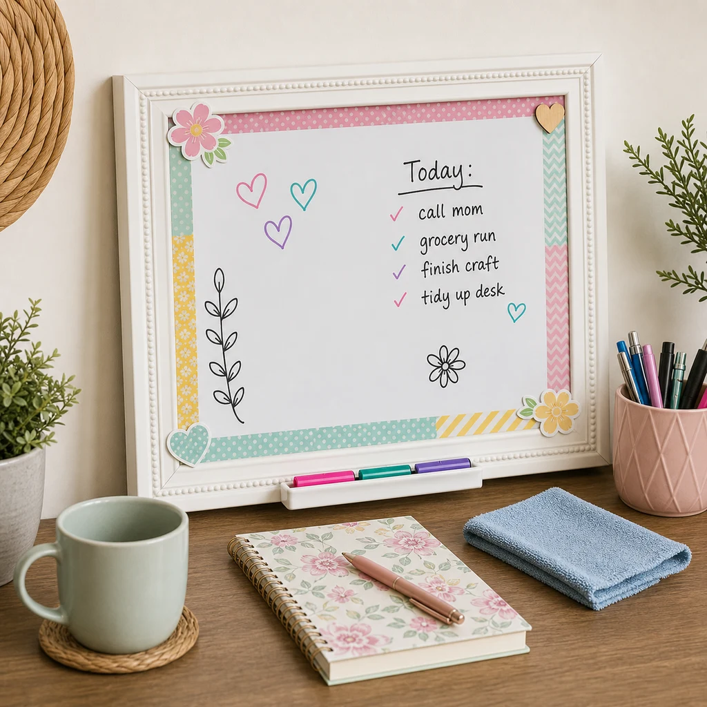 Several picture frames on a craft table with one glass-front frame selected for a DIY whiteboard