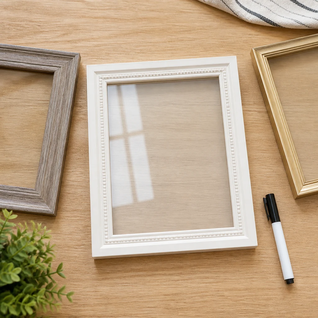 White poster board and patterned paper measured with a ruler and pencil before cutting for a DIY whiteboard background