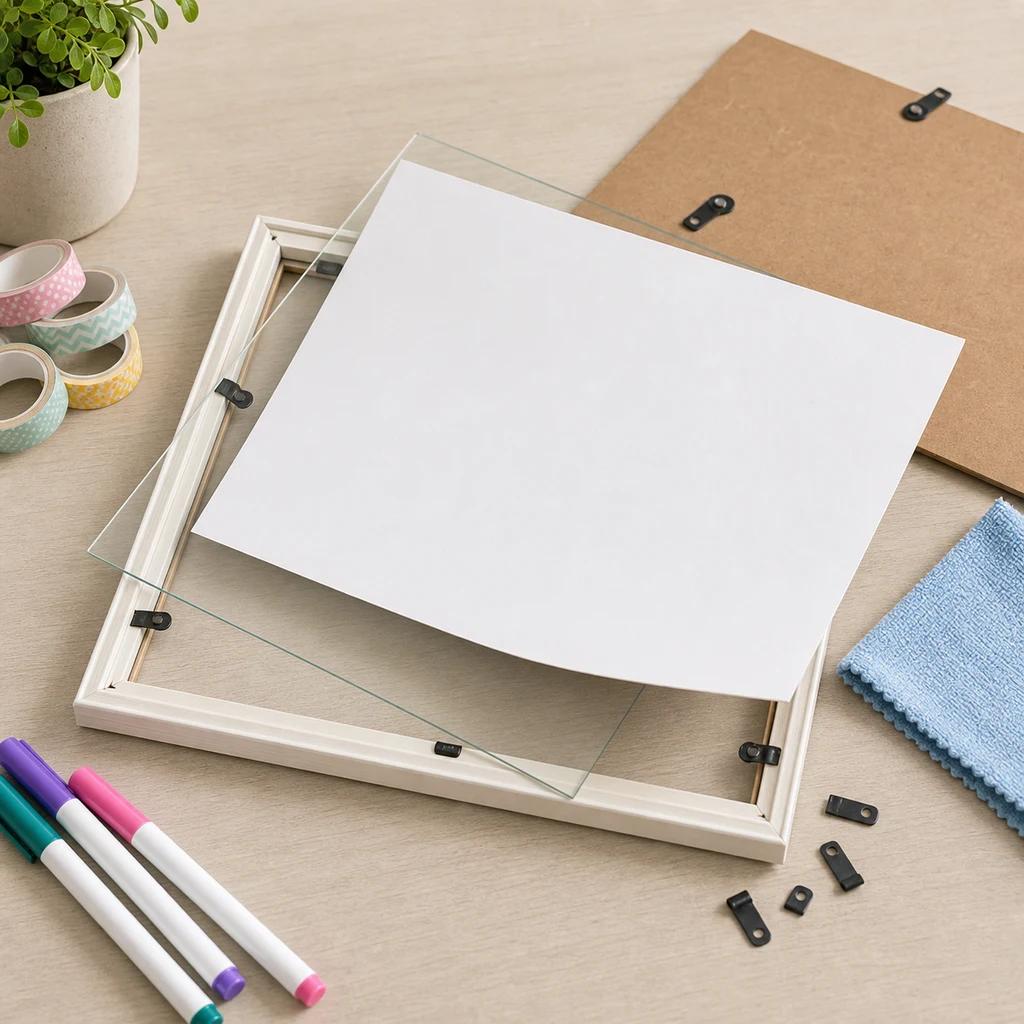 Assembled whiteboard frame decorated with pastel washi tape, small corner accents, dry erase markers, and microfiber cloth