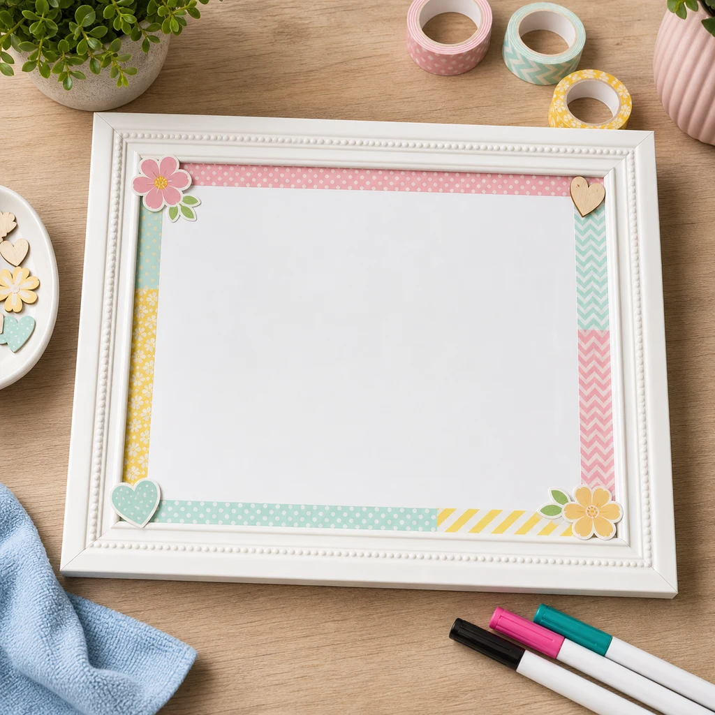 Finished framed DIY whiteboard displayed on a desk with simple dry erase notes, markers, and an eraser cloth