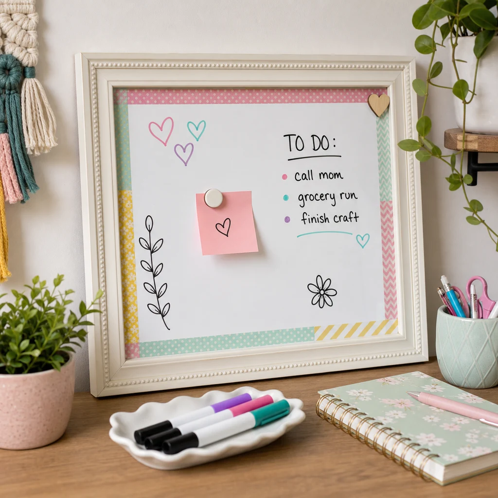 Finished cute DIY whiteboard made from a picture frame with pastel washi tape border, dry erase markers, and desk supplies