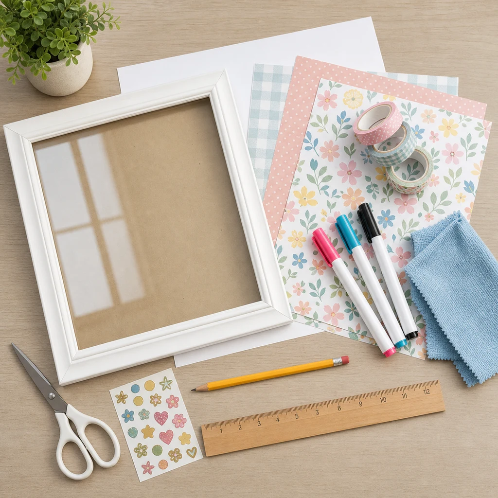 Materials for a DIY whiteboard with picture frame, glass, poster board, scrapbook paper, washi tape, dry erase markers, ruler, scissors, pencil, stickers, and cloth