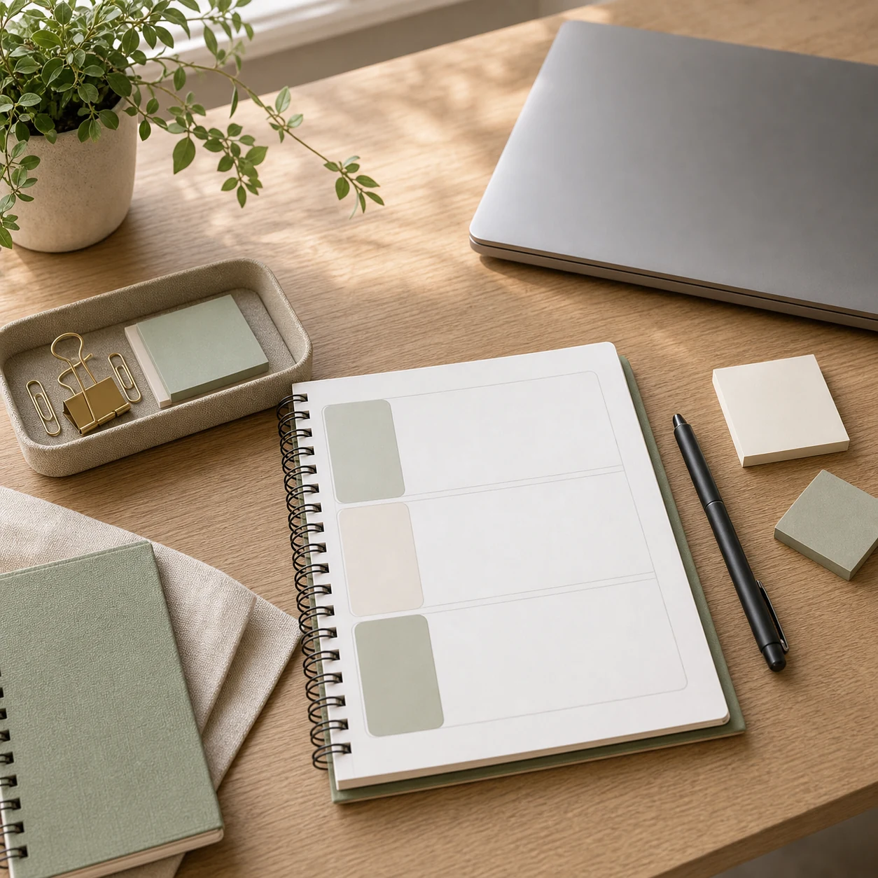 Blank planner page with routine blocks sticky notes pen and closed laptop